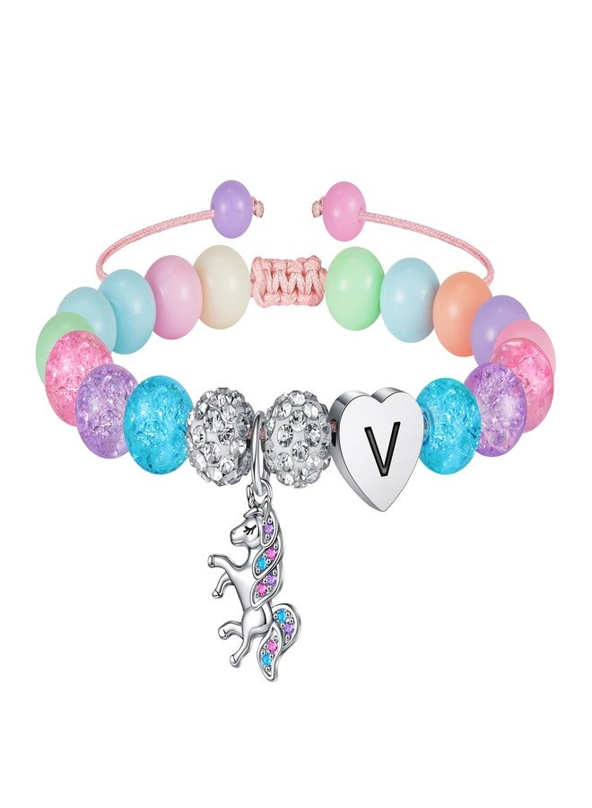 Hidepoo أساور يونيكورن من هيديبو - سوار قابل للتعديل من الخرز الأكريليكي وكرات أحجار الراين، بتصميم قلب وحرف V، هدايا يونيكورن، هدايا عيد ميلاد مرصعة بأحجار الزركونيا المكعبة بألوان قوس قزح - Image 1